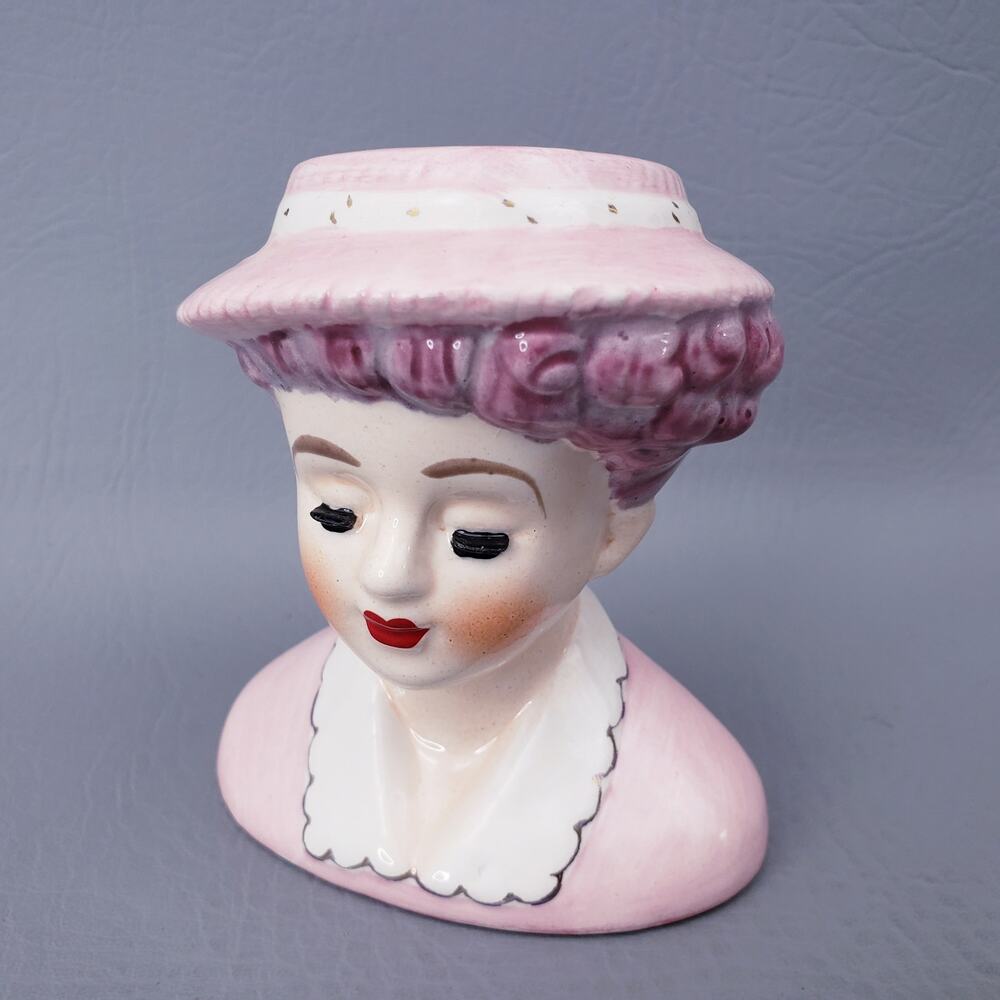 Vintage 1950's Lady Head Vase Pink Dress White Collar Pink Hat